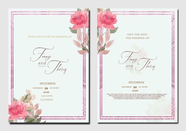 Plantilla de invitación de boda de doble cara con flor roja púrpura PSD Premium