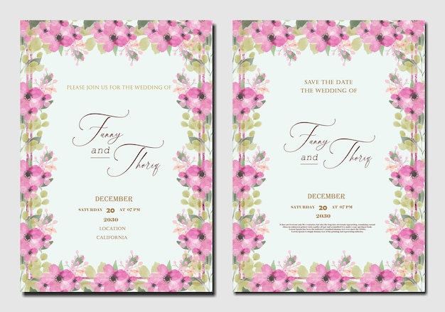 Plantilla de invitación de boda de doble cara con flor roja púrpura PSD Premium