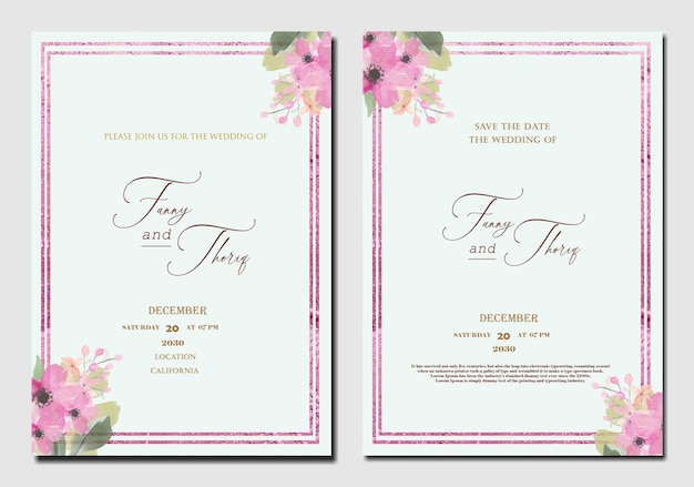 Plantilla de invitación de boda de doble cara con flor roja púrpura PSD Premium