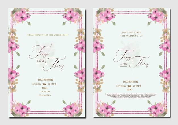 Plantilla de invitación de boda de doble cara con flor roja púrpura PSD Premium
