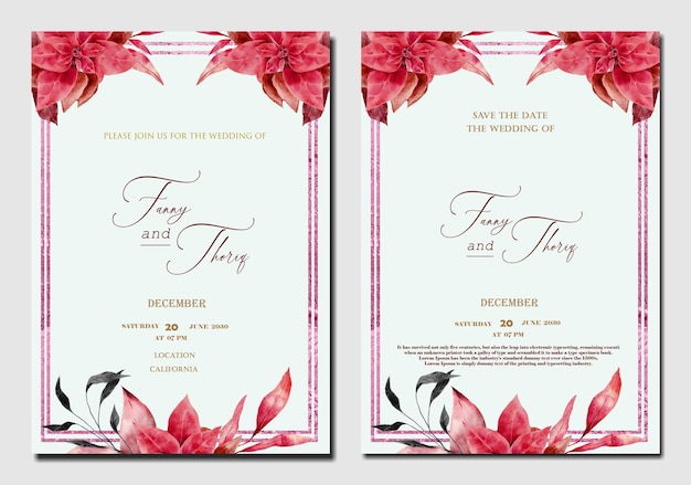 Plantilla de invitación de boda de doble cara con flor roja púrpura PSD Premium
