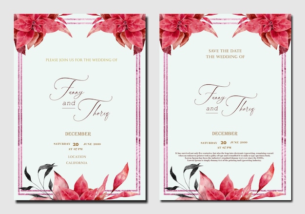 Plantilla de invitación de boda de doble cara con flor roja púrpura psd premium