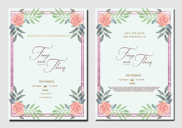 Plantilla de invitación de boda de doble cara con flor roja púrpura psd premium