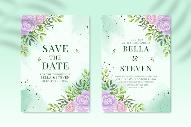 PSD plantilla de invitación de boda de doble cara con flor rosa y morada psd premium