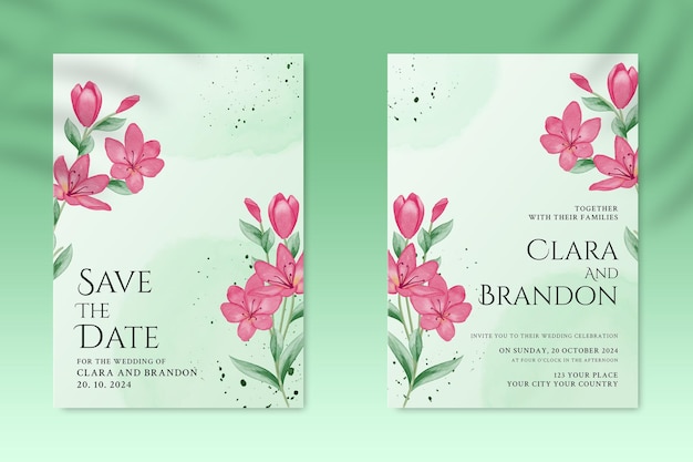 Plantilla de invitación de boda de doble cara con flor rosa psd premium