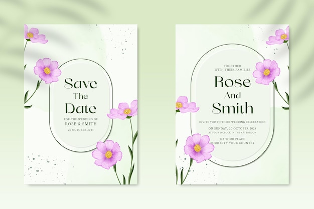 Plantilla de invitación de boda de doble cara con flor rosa psd premium