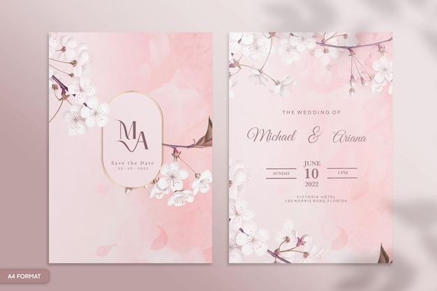 Plantilla de invitación de boda de doble cara con flor rosa