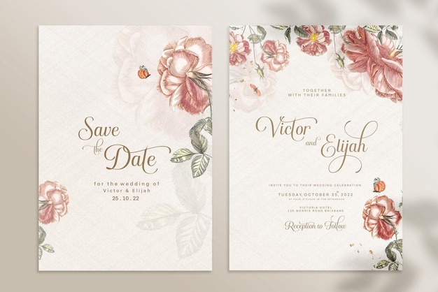 Plantilla de invitación de boda de doble cara con flor rosa