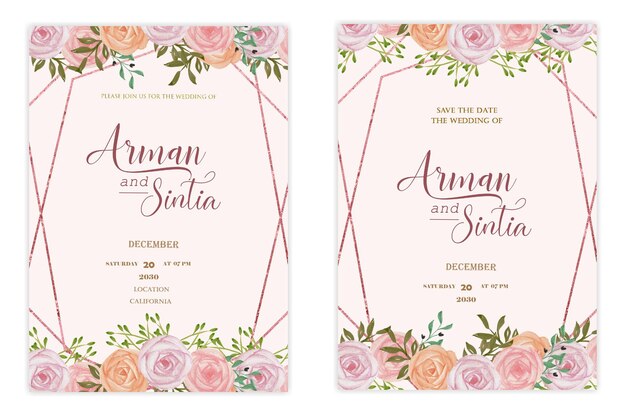 Plantilla de invitación de boda de doble cara con flores de color agua psd premium