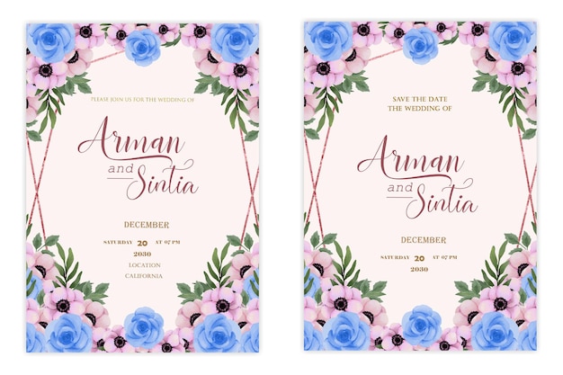 PSD plantilla de invitación de boda de doble cara con flores de color agua psd premium