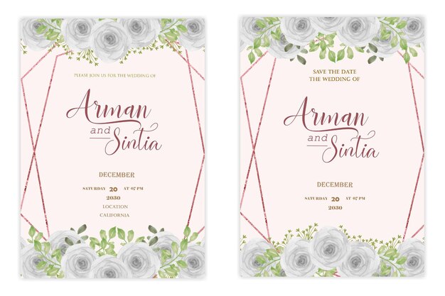 PSD plantilla de invitación de boda de doble cara con flores de color agua psd premium