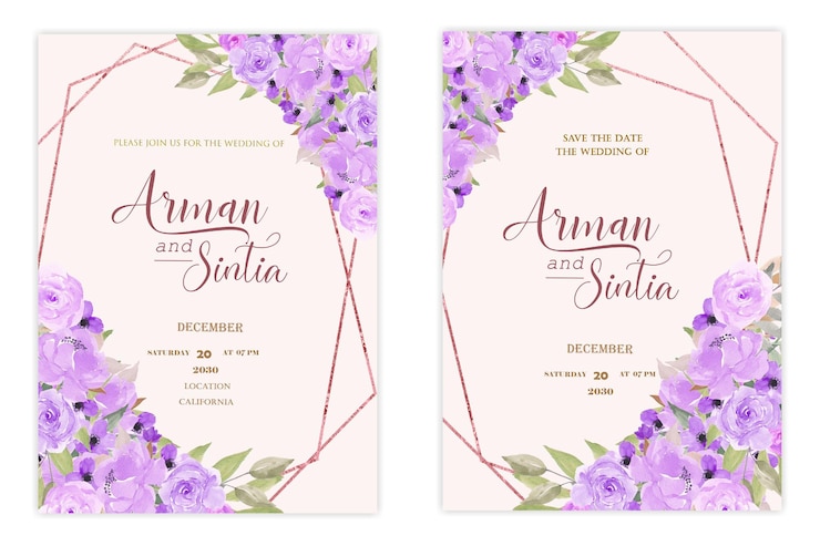 PSD plantilla de invitación de boda de doble cara con flores de color agua psd premium