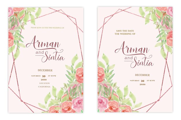 PSD plantilla de invitación de boda de doble cara con flores de color agua psd premium