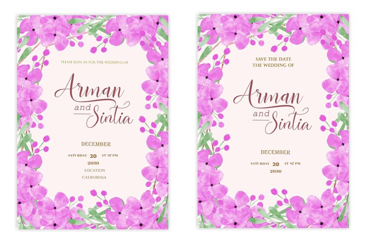 PSD plantilla de invitación de boda de doble cara con flores de color agua psd premium