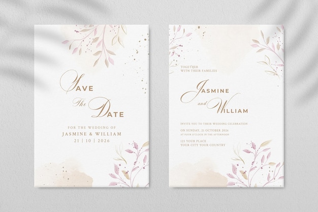 Plantilla de invitación de boda de doble cara con hojas psd premium