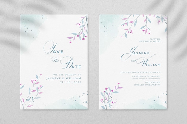 PSD plantilla de invitación de boda de doble cara con hojas psd premium