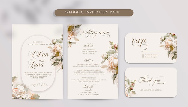 Plantilla de invitación de boda de doble cara con menú y rsvp con flor de rosa