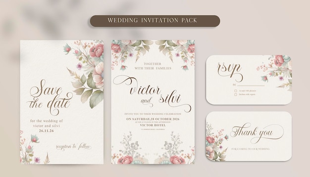 Plantilla de invitación de boda de doble cara con menú y rsvp con flores rosas