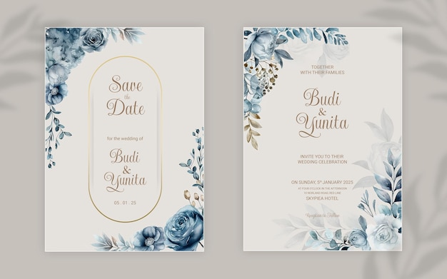 Plantilla de invitación de boda de doble cara psd con elegantes rosas azules polvorientas en acuarela