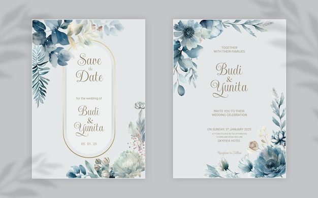 PSD plantilla de invitación de boda de doble cara psd con elegantes rosas azules polvorientas en acuarela