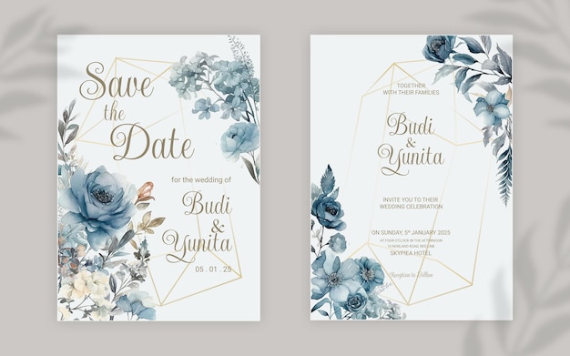 Plantilla de invitación de boda de doble cara psd con elegantes rosas azules polvorientas en acuarela