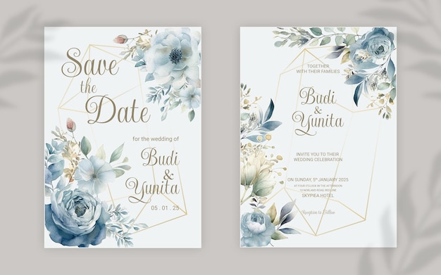 PSD plantilla de invitación de boda de doble cara psd con elegantes rosas azules polvorientas en acuarela