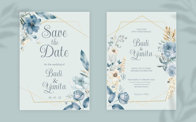 Plantilla de invitación de boda de doble cara psd con elegantes rosas azules polvorientas en acuarela