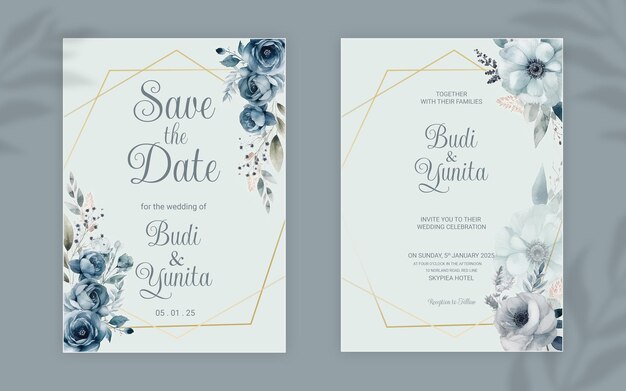 PSD plantilla de invitación de boda de doble cara psd con elegantes rosas azules polvorientas en acuarela