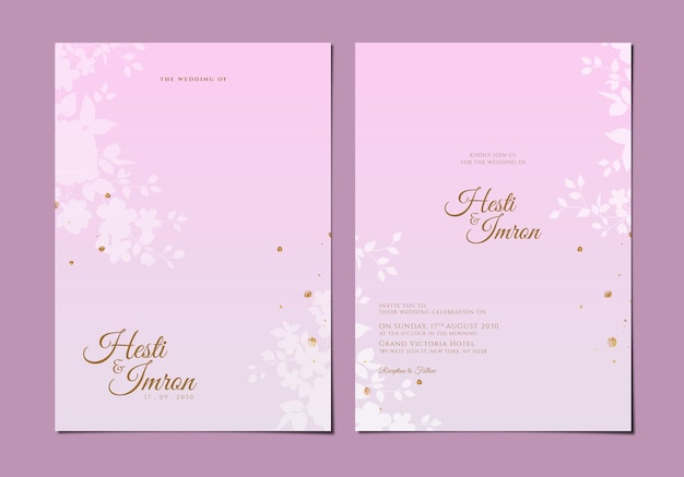 PSD plantilla de invitación de boda de dos caras con flor y fondo rosa