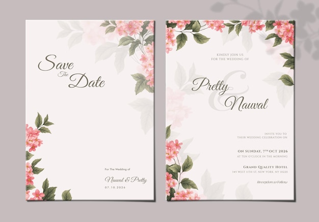 PSD plantilla de invitación de boda de dos caras con flores