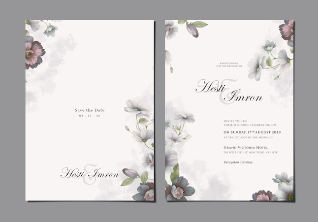 PSD plantilla de invitación de boda de dos caras con flores