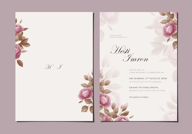 PSD plantilla de invitación de boda de dos caras con flores