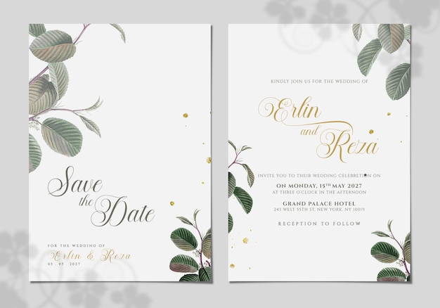 PSD plantilla de invitación de boda de dos caras con hojas