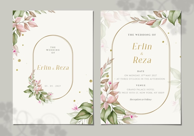 plantilla de invitación de boda elegante de dos caras con flores