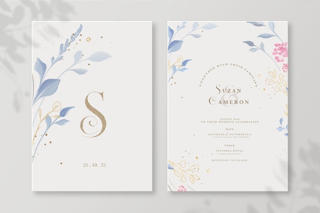 plantilla de invitación de boda elegante con hojas azules de acuarela