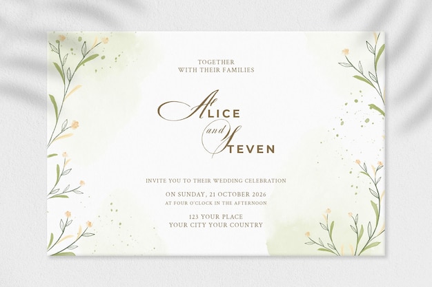 Plantilla de invitación de boda con flor amarilla PSD Premium