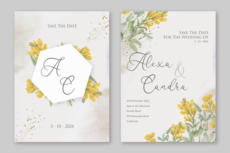 PSD plantilla de invitación de boda con flor amarilla