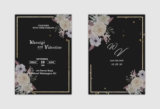 Plantilla de invitación de boda con flor azul PSD Premium