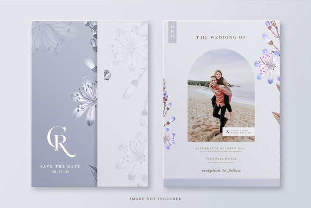 plantilla de invitación de boda con flor azul
