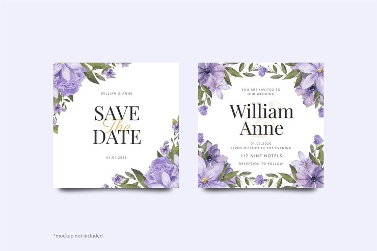 PSD plantilla de invitación de boda con flor morada