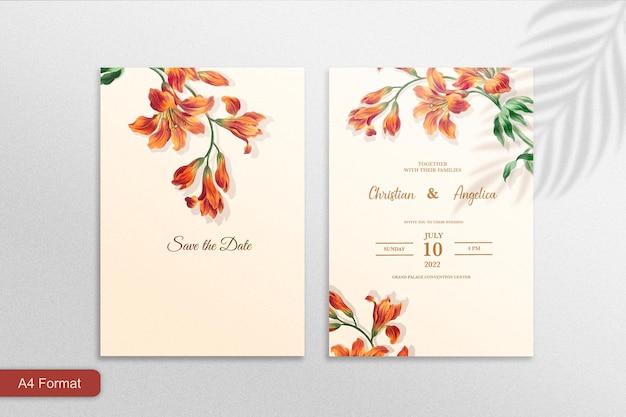 Plantilla de invitación de boda con flor naranja