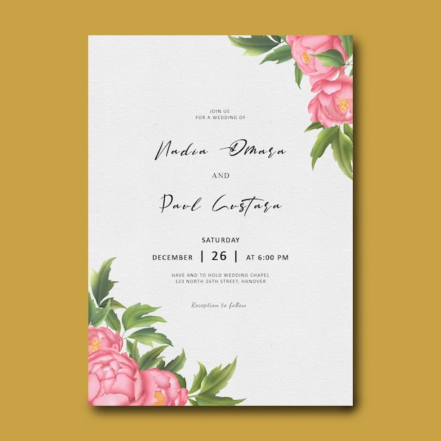 Plantilla de invitación de boda con flor de peonía en acuarela