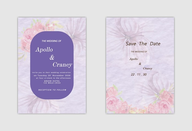 Plantilla de invitación de boda de flor rosa azul acuarela psd premium