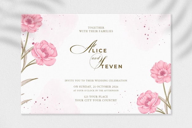 PSD plantilla de invitación de boda con flor rosa psd premium