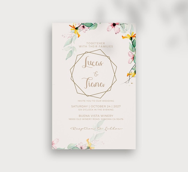 Plantilla de invitación de boda floral con flores de colores