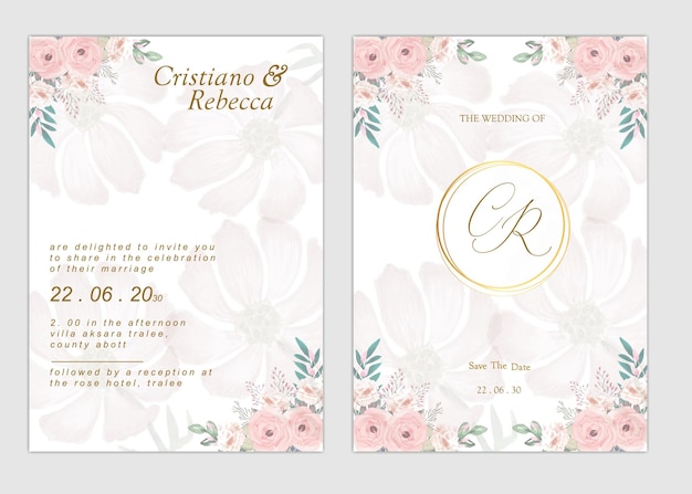 Plantilla de invitación de boda floral muy atractiva y hermosa en acuarela