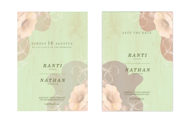 Plantilla de invitación de boda floral con rosas de acuarela azul marino y melocotón y decoración de hojas ps