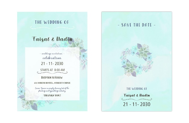 Plantilla de invitación de boda floral con rosas de acuarela azul marino y melocotón y decoración de hojas ps