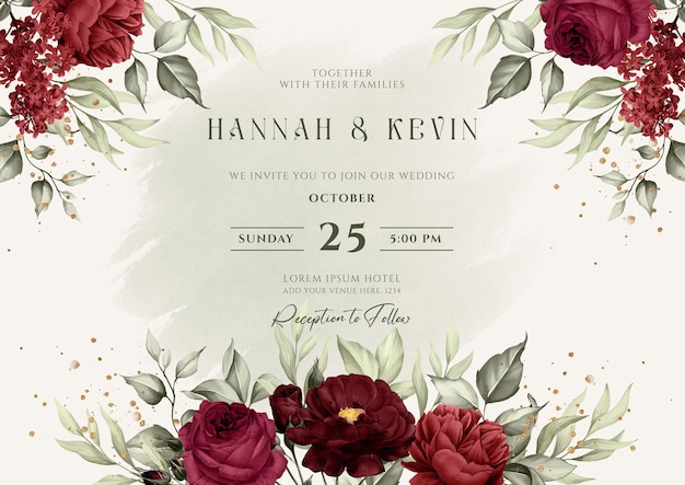 PSD plantilla de invitación de boda floral con rosas burdeos y decoración de hojas