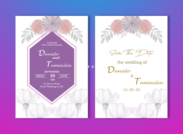 Plantilla de invitación de boda floral con rosas y hojas de acuarela azul marino y melocotón psd